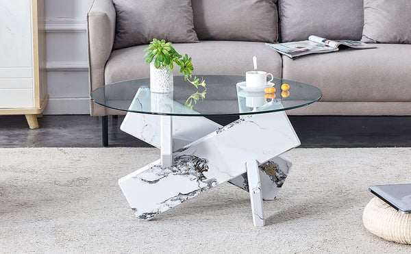English Elm Round Tempered Glass Coffee Table with Sculptural Mdf Base for Modern Living Rooms White W1151P180316