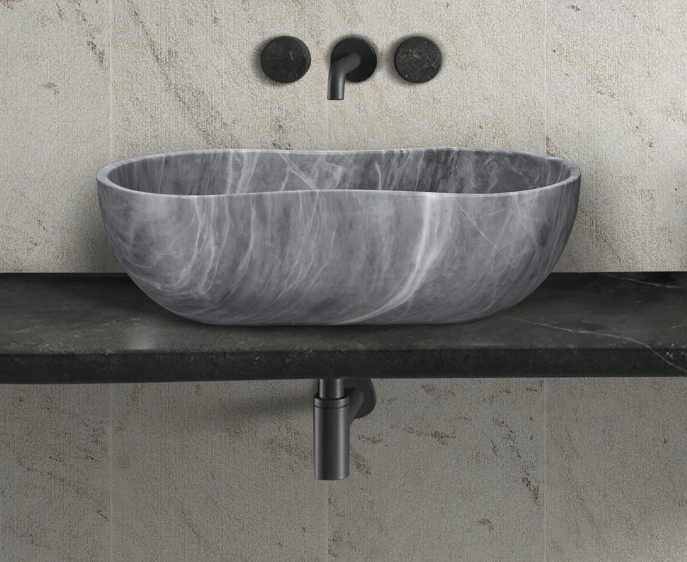 English Elm Carrara Gray Marble Vessel Sink - Semi-Polished, Unique Design For Elegant Bathrooms, 23.6X14.2 Inches W1696P333270