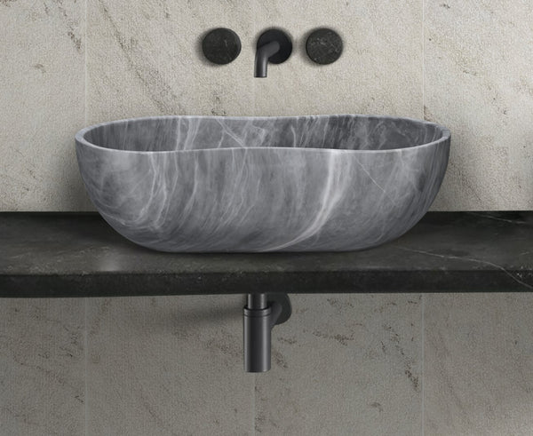 English Elm Carrara Gray Marble Vessel Sink - Semi-Polished, Unique Design For Elegant Bathrooms, 23.6X14.2 Inches W1696P333270