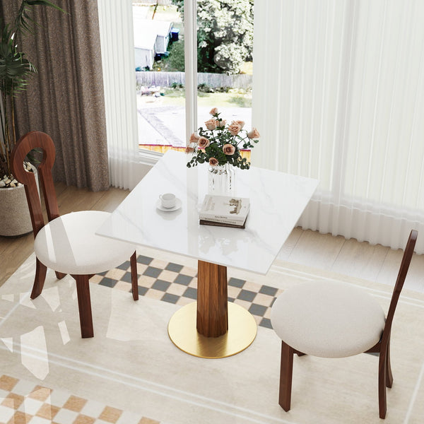 English Elm Modern Square Dining Table - 33.5" Sintered Stone With Stylish Wooden Legs & Gold Base, 2-Person Space-Saver W1535S00601