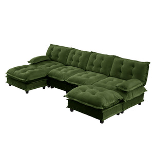 English Elm 138" U-shaped Chenille Cloud Sectional with Ottomans Deep Seat Modular Living Room Sofa Green W714S01733