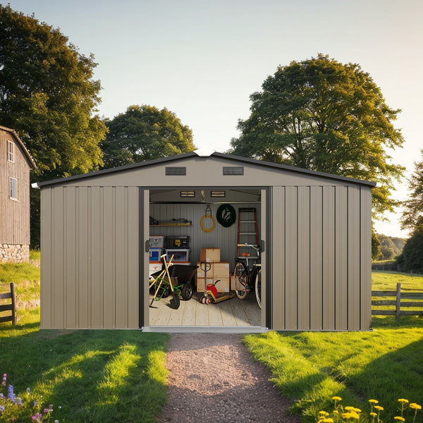 English Elm Campcraft 10x12 Ft Steel Outdoor Storage Shed with Daylight Windows and Weather Resistant Build Brown W1598S00030
