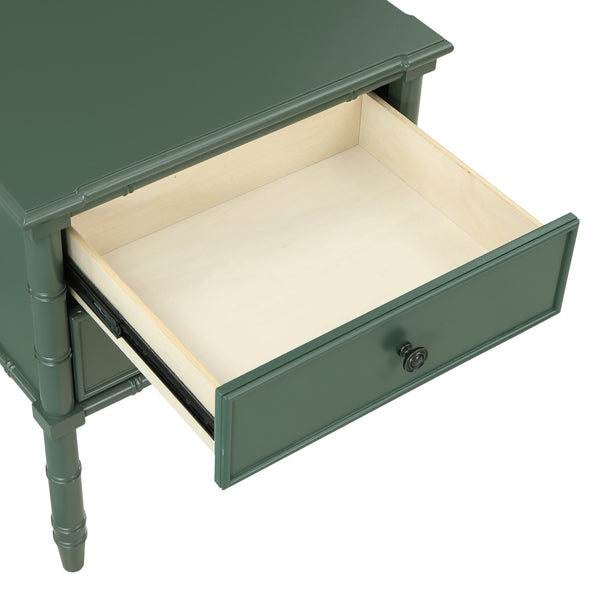 English Elm Emmett carved bamboo nightstand with 2 full‑extension drawers, brass knobs and floor‑protecting glides Antique Green B050P376942