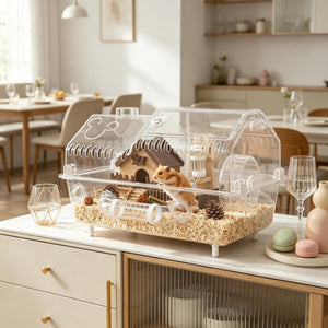 English Elm Small Animal Habitat with Clear Pet Walls Pine Wood Accents and Built-in Exercise Wheel T3971P503883