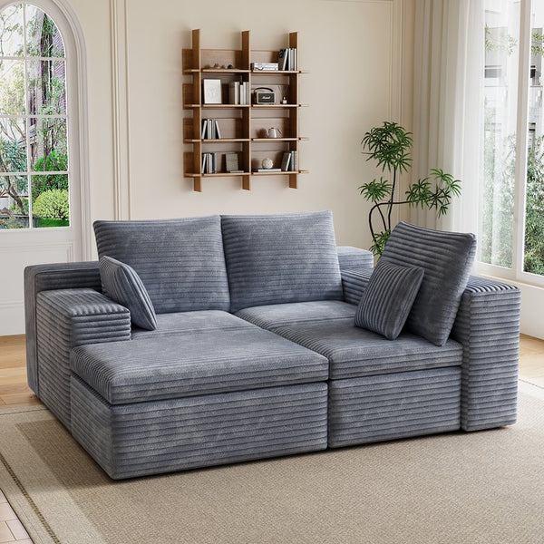 English Elm U Shaped Modular Sectional Corduroy Sofa Sleeper with Pull Out Chaise Cozy Living Room Gray W1825P334961