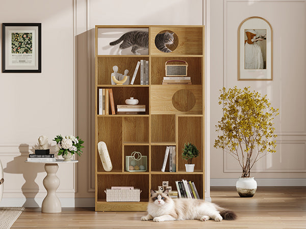 English Elm Modern Wood Grain Bookshelf Cat Habitat with Climbing Cubbies for Living Room Natural N752P395027N