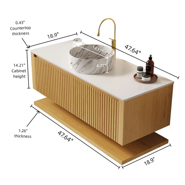 English Elm Hizon 48" Wall-Mounted Bathroom Vanity With Sintered Stone Top & Soft-Close Drawers, Corolla Oak Finish W2615S00480