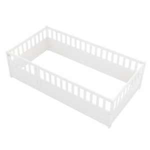 English Elm Twin Montessori Floor Bed Frame With Safety Barrier & Child-Friendly Door - Cozy White Design! W1858P164923-GIGA