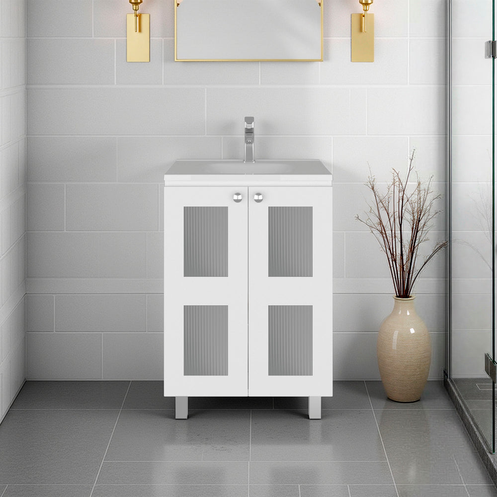 English Elm Haysi Frosted Glass Bathroom Vanity with Resin Sink and Shelved Storage Cabinet B070S00416