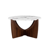 28" Round Coffee Table with Open Crossed Arch Base Calacatta Marble, Dark Walnut LNAL1K2CMDW Walker Edison