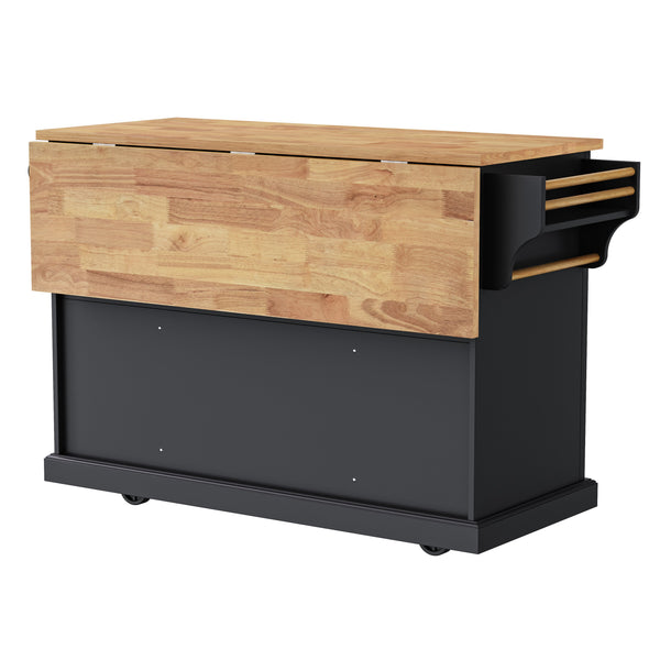 English Elm K&K 54" Farmhouse Kitchen Island with Embossed Texture, Drop Leaf, Soft-Close Drawers & Wheels Black N707P195395B