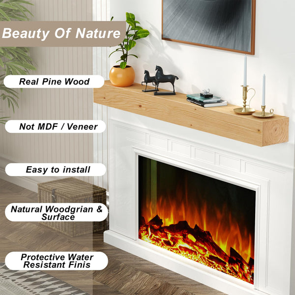 English Elm Fireplace Floating Mantel Shelf - Handcrafted Solid Pine Wood, Rustic Display Shelf, Wall-Mounted Decor T3210P391508