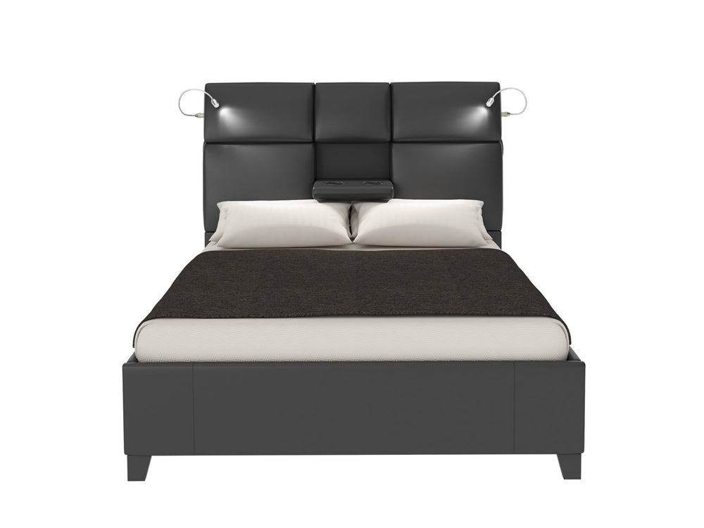 English Elm Queen Music Bed with Bluetooth Speakers, Touch Lighting & Removable Beverage Tray — Black Vinyl Modern Design B2699S00010
