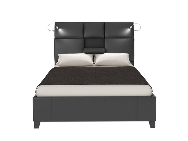 English Elm Queen Music Bed with Bluetooth Speakers, Touch Lighting & Removable Beverage Tray — Black Vinyl Modern Design B2699S00010