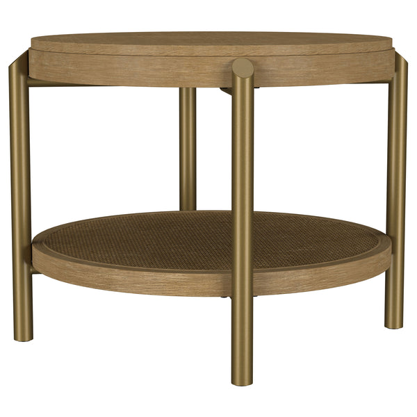 English Elm Benson Round End Table with Woven Rattan Shelf and Aged Brass Legs for Living Room B062P440109