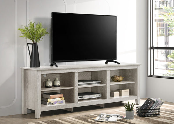 English Elm Tropea 58 Inch Open Shelf Media Console with Oak Finish and Cord Management Light Gray B2749P413245