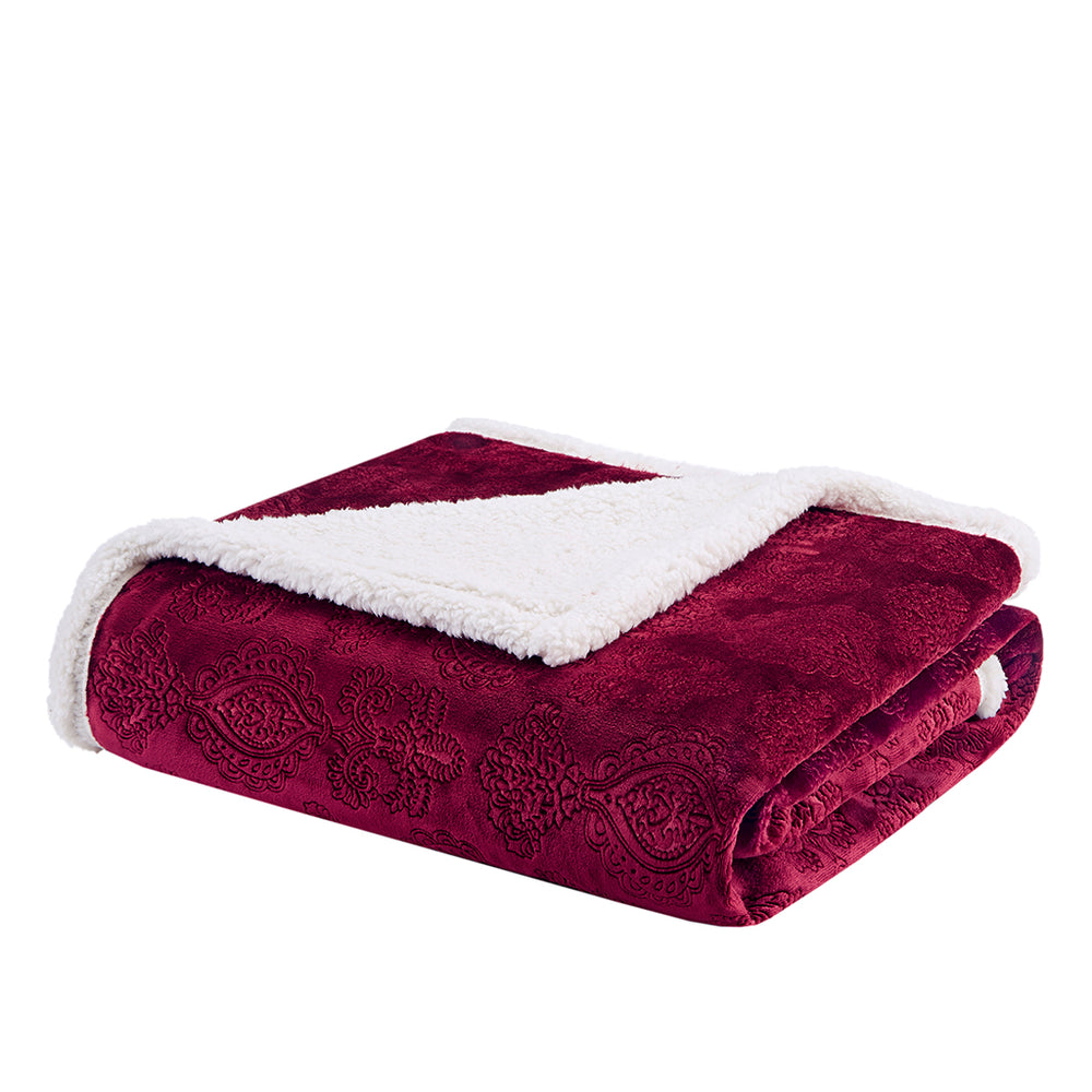 JLA Home Madison Park - Oversized Textured Plush Throw for Luxurious Warmth and Dual-Sided Berber Comfort, Machine Washable Burgundy MP50-3253