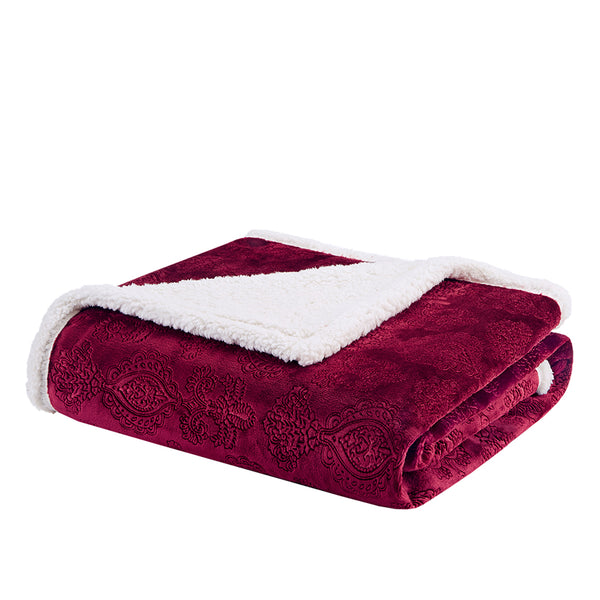 JLA Home Madison Park - Oversized Textured Plush Throw for Luxurious Warmth and Dual-Sided Berber Comfort, Machine Washable Burgundy MP50-3253