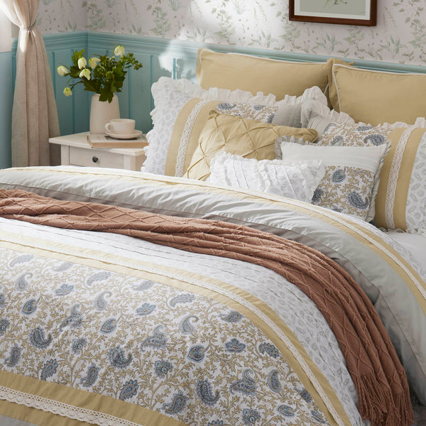 English Elm 9 Piece Cotton Percale Comforter Set - Chic Yellow Queen Ensemble With Vintage Paisley & Pillows B03597196