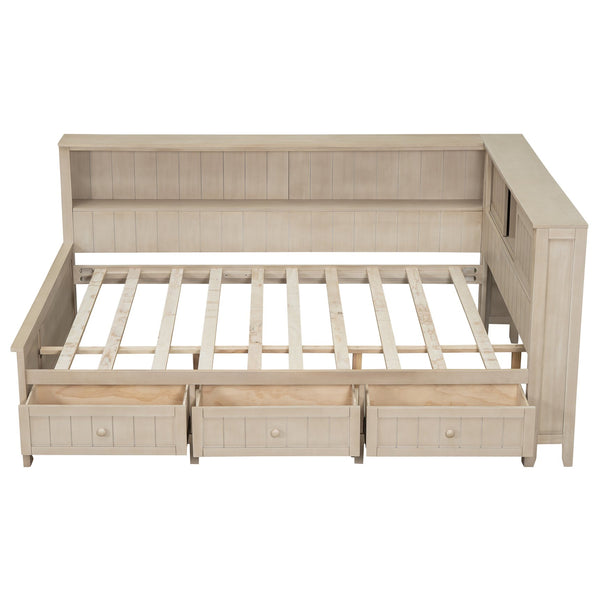 English Elm Full Full Size Wood Daybed with 3 Drawers & Shelves, Antique White Milk Finish — Storage, Charm, 400lb Capacity GX002214AAK