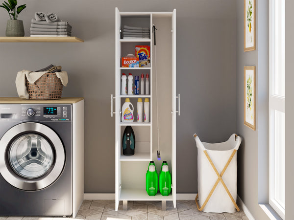 English Elm Bacoa Tall Utility Cabinet with Broom Storage and Five Shelves for Laundry Rooms B097S00237