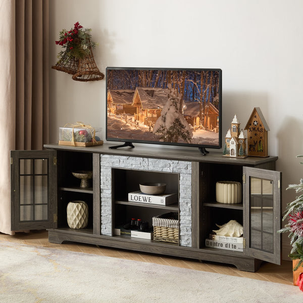 English Elm 58" Modern TV Stand with Faux Stone Top, 6 Cable Cutouts, Ample Adjustable Storage for 75" TVs Grey W2275P342691