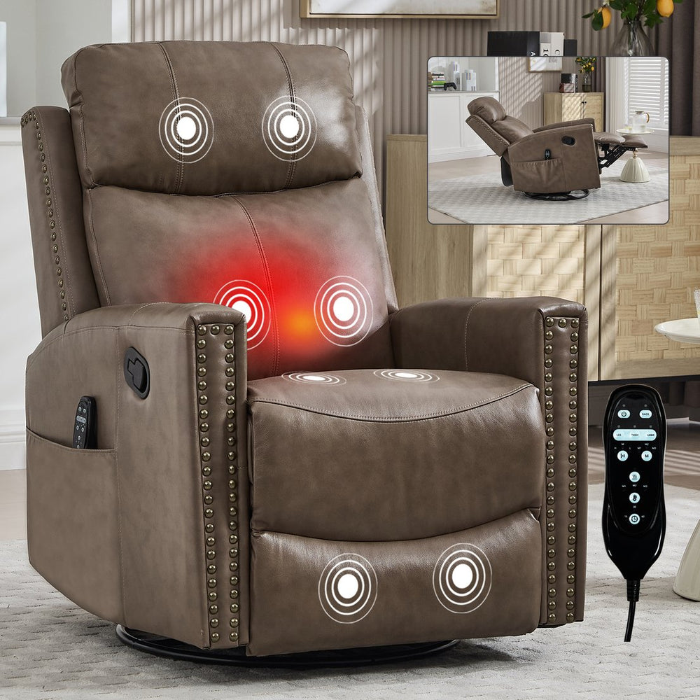 English Elm Camel Genuine Leather Massage Rocker Swivel Recliner with Heat and Lumbar Relief W1803P323716