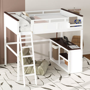 English Elm Queen Size Loft Bed With Desk, Usb Charging, Storage Box & Open Shelves For Organized Living Space N7090005002W-GIGA