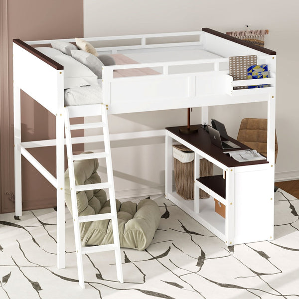 English Elm Queen Size Loft Bed With Desk, Usb Charging, Storage Box & Open Shelves For Organized Living Space N7090005002W-GIGA