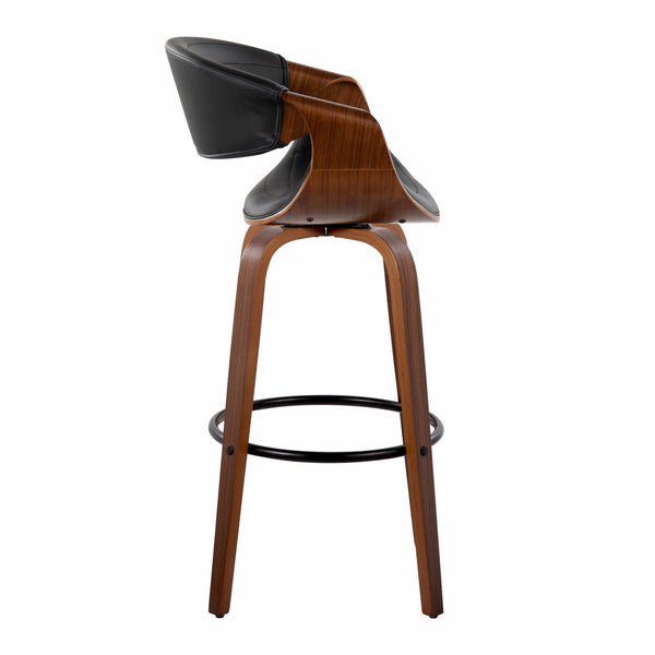 English Elm 30" Mid-century Swivel Barstool Walnut Bentwood Tufted Faux Leather Kitchen Pair B202S00646