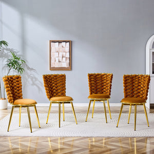 English Elm Set of 2 Velvet Dining Chairs with Braided Rope Backrests and Sculptural Metal Legs Gold,Orange W1512P491450