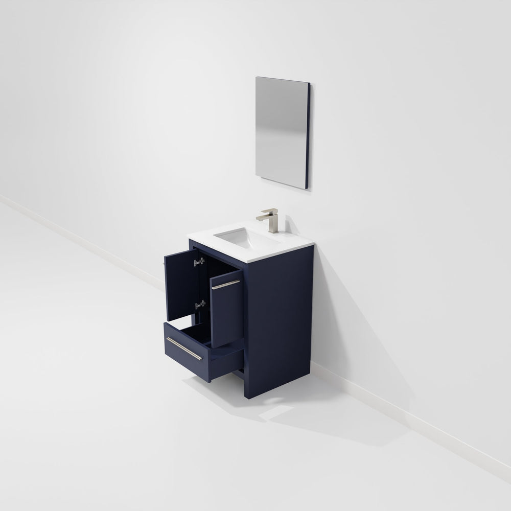 English Elm Navy Blue Single Bath Vanity Set With Cultured Marble Top, Gun Metal Faucet & Matching Mirror B2731S02029