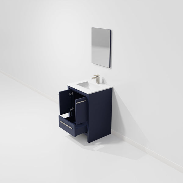 English Elm Navy Blue Single Bath Vanity Set With Cultured Marble Top, Gun Metal Faucet & Matching Mirror B2731S02029