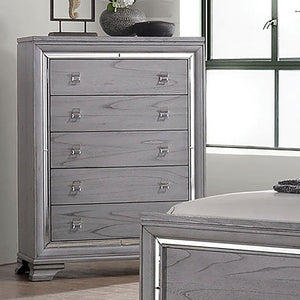 English Elm Contemporary Chic Five-Drawer Chest with Chrome Legs, High-Gloss Coating, Smooth Modern Design Light Gray 42 L x 21 W x 58 H B2741P368144