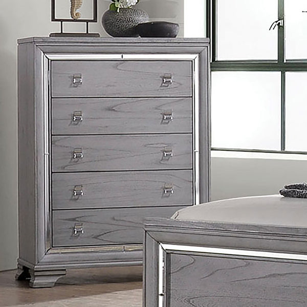 English Elm Contemporary Chic Five-Drawer Chest with Chrome Legs, High-Gloss Coating, Smooth Modern Design Light Gray 42 L x 21 W x 58 H B2741P368144
