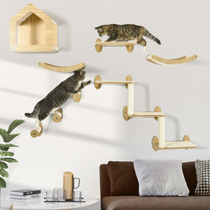 English Elm Pawhut Wall Mounted Cat Climbing Set with Hammock Perches Scratching Post and Plush Nest W2225P229218