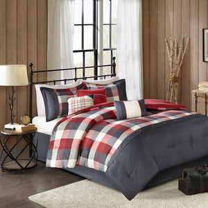 JLA Home Madison Park - 7 Piece Herringbone Comforter Set with Buffalo Plaid, Embroidered Pillows & Bed Skirt for Cozy Lodge Style Red MP10-4669