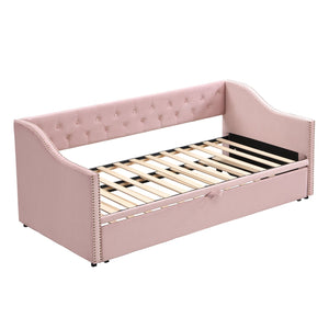 English Elm Twin Upholstered Daybed with Pop-Up Trundle, Space-Saving Guest Bed with Slats, Hydraulic Wheels, 81.9" L Pink SF000133AAH