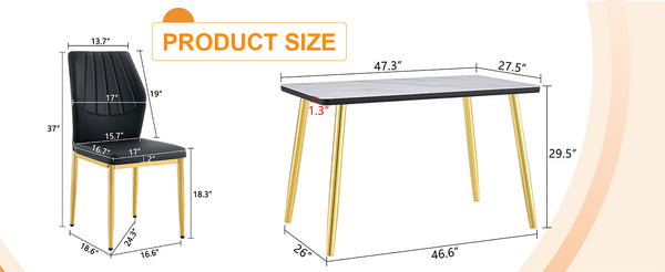 English Elm Table and Chair Set Marble Glass Top Gold Legs Modern 5 Piece Dining for Small Spaces Black,White+Gold W1151S04652