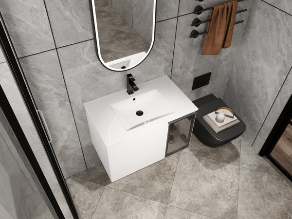 English Elm 30" Floating Bathroom Vanity Glossy White Plywood Cabinet with Frosted Glass Door W999S00524