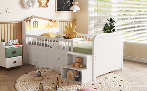 English Elm Low Twin Loft Bed with House-Style Headboard and Built-In LED Lights for Modern Kids' Rooms White 42.91 L x 28.35 W x 6.69 H W2593S00006