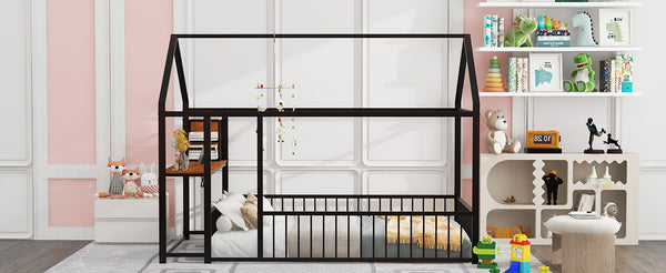 English Elm Full Size Metal House Bed Frame with Desk, Shelves, USB Power Ports & Playful Roof for Kids Room Delight Black N737P173491B