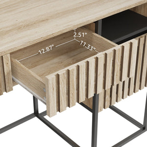 English Elm Fluted,Desk,Computer sleek natural+black slatted storage desk with 2 drawers & cabinet, MDF metal frame, versatile modern workspace solution W2673P209539