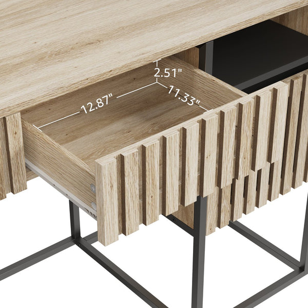 English Elm Fluted,Desk,Computer sleek natural+black slatted storage desk with 2 drawers & cabinet, MDF metal frame, versatile modern workspace solution W2673P209539