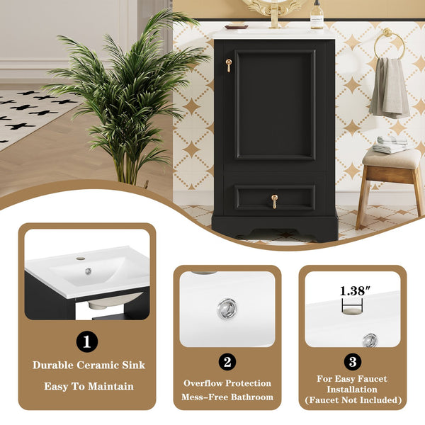 English Elm 20 Inch Bathroom Vanity with Ceramic Sink, Soft-Close Door, Adjustable Shelf, Smart Storage Organizing Design Black N729P299505B