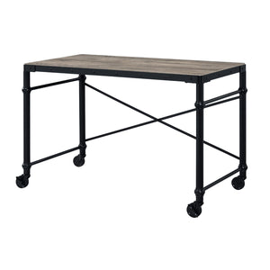 English Elm Rectangular Rustic Oak Writing Desk with Nailhead Trim, Black Metal Frame & Rolling Legs for Mobile Workspaces B016P317523