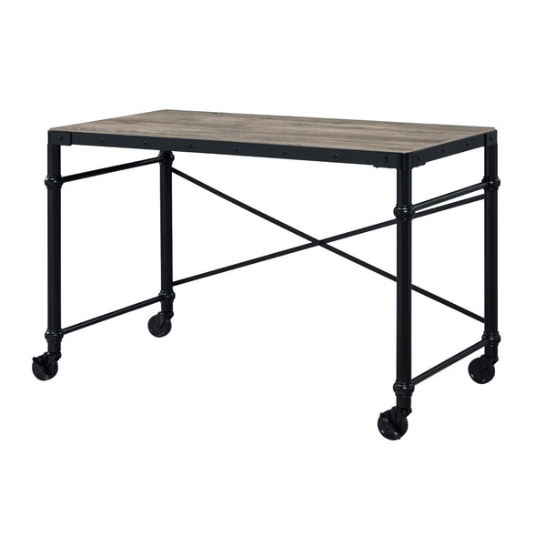 English Elm Rectangular Rustic Oak Writing Desk with Nailhead Trim, Black Metal Frame & Rolling Legs for Mobile Workspaces B016P317523