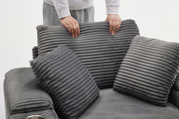 English Elm Corduroy Chaise Lounge Sofa With Storage, Movable Ottoman & Cupholders For Relaxation W2120S00004-GIGA