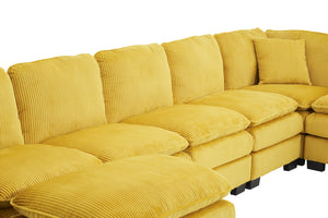 English Elm Modern U Shaped 6-Seat Sectional Sofa with Ottoman and 3 Toss Pillows, Corduroy Modular Comfort and Durable Frame Yellow W2363S00040