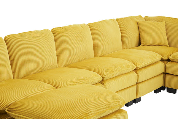 English Elm Modern U Shaped 6-Seat Sectional Sofa with Ottoman and 3 Toss Pillows, Corduroy Modular Comfort and Durable Frame Yellow W2363S00040